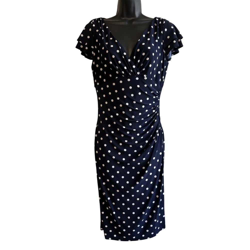 Lauren Ralph Lauren Size 6 Navy Blue White Polka Dot Faux Wrap Babydoll Dress